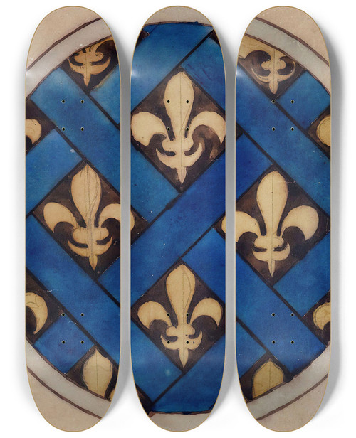 Triptych art skateboard deck of Prosper Lafaye Fleurs De Lys Dans Un Cadrillage by Prosper Lafaye (1806-1883)