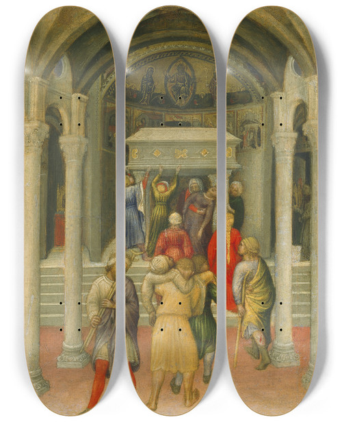 Triptych art skateboard deck of Gentile Da Fabriano The Crippled And Sick Cured At The Tomb Of Saint Nicholas by Gentile da Fabriano (1370-1427)