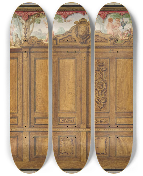Triptych art skateboard deck of Julesedmondcharles Lachaise Design For The Decoration Of A Room With A Large Woodpaneled Cupboard Surmounted By The Monogram H by Jules-Edmond-Charles Lachaise (1897)
