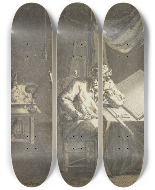 Triptych art skateboard deck of Johann Ludwig Ernst Morgenstern Maler Und Geselle Im Atelier Bei Lampenlicht An Ihren Zeichentischen Arbeitend by Johann Ludwig Ernst Morgenstern (1738-1819)