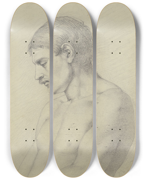 Triptych art skateboard deck of Jakob Becker Mnnlicher Halbakt Im Profil Nach Links by Jakob Becker (1810-1872)