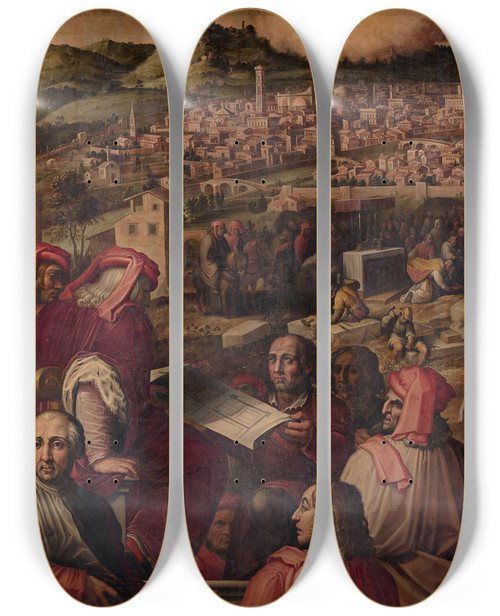Triptych art skateboard deck of Giorgio Vasari Arnolfo Shows The Plan To Enlarge Florence by Giorgio Vasari (1511-1574)
