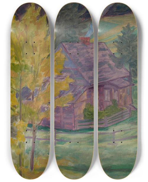 Triptych art skateboard deck of Jan Rembowski Landscape With A House Among Trees by Jan Rembowski (1879-1923)