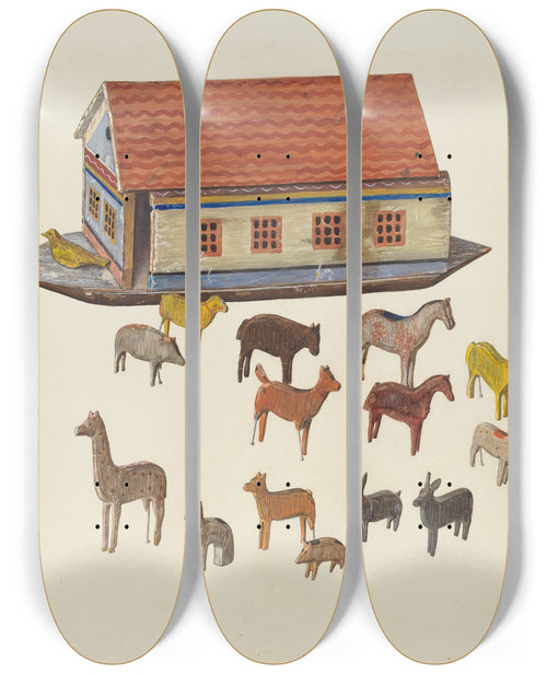 Triptych art skateboard deck of Ben Lassen Noahs Ark And Animals by Ben Lassen