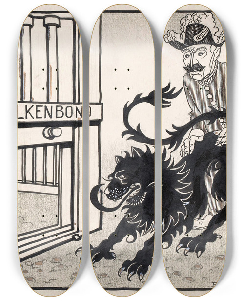 Triptych art skateboard deck of Patricq Kroon Nederland En De Volkenbond by Patricq Kroon (1862-1941)