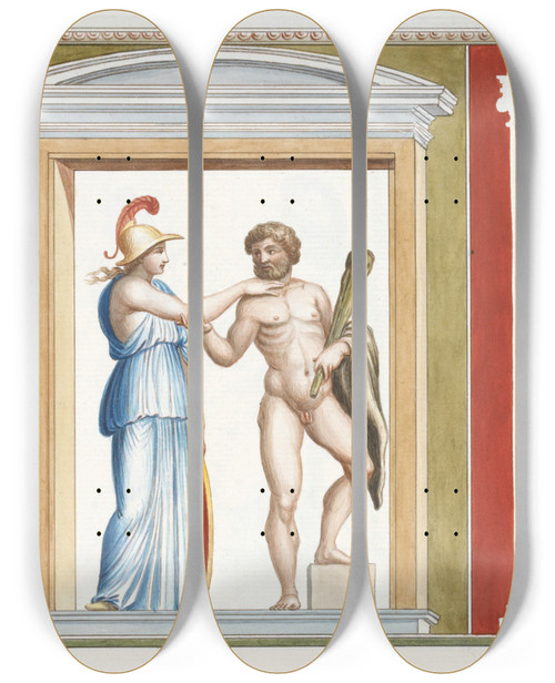 Triptych art skateboard deck of Pierrejean Mariette Athena And Hercules Depicted Within A Niche by Pierre-Jean Mariette (1694-1774)