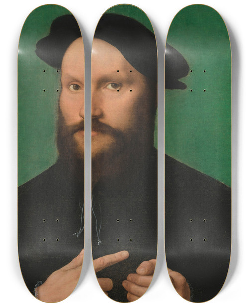 Triptych art skateboard deck of Joos Van Cleve Portrait Of A Bearded Man by Joos Van Cleve (1485-1541)