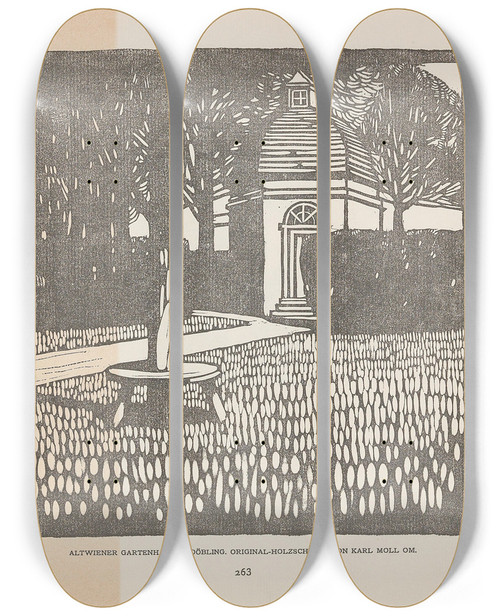 Triptych art skateboard deck of Carl Moll Ver Sacrum 1903 15 263 Altwiener Gartenhaus In Dbling by Carl Moll (1861-1945)