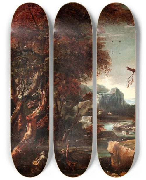 Triptych art skateboard deck of Circle Of Salvator Rosa Landscape With Figures The Commission Of St Peter by Circle Of Salvator Rosa (1615-1673)