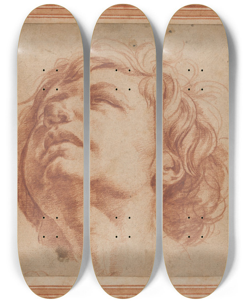 Triptych art skateboard deck of Dirk Helmbreker Head Study Of A Young Man Looking Upward by Dirk Helmbreker (1633-1696)