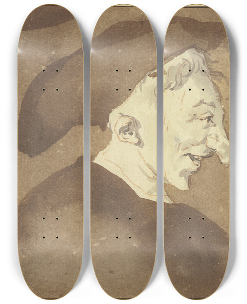 Triptych art skateboard deck of Cornelis Dusart Hideous Head_2 by Cornelis Dusart (1660-1704)