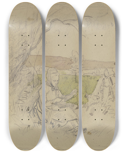 Triptych art skateboard deck of Jakob Frchtegott Dielmann Unter Einem Baum Ist Eine Buerin Mit Flachs Beschftigt Rechts Eine Andere Mit Einer Kuh by Jakob Furchtegott Dielmann (1809-1885)