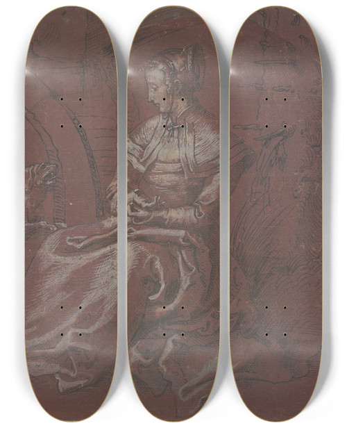 Triptych art skateboard deck of Niklaus Manuel Sitzende Frau Mit Einem Hund by Niklaus Manuel (1484-1530)