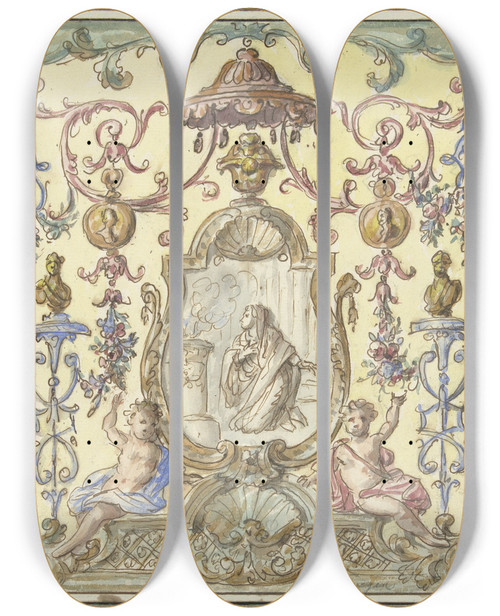 Triptych art skateboard deck of Elias Van Nijmegen Ornament Met Offerende Vestaalse Maagd by Elias Van Nijmegen (1667-1755)