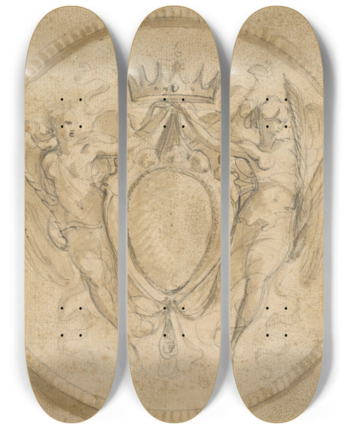 Triptych art skateboard deck of Giuseppe Cades Coat Of Arms Of The Rezzonico Family Capped By A Princely Crown And Supported By Two Winged Victories by Giuseppe Cades (1750-1799)