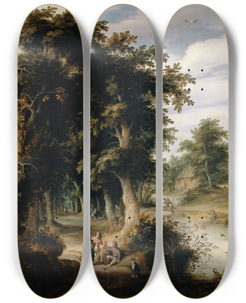 Triptych art skateboard deck of Alexander Keirincx River Landscape With Oak Forest by Alexander Keirincx (1600-1652)