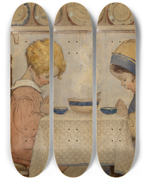 Triptych art skateboard deck of Jessie Willcox Smith Saying Grace by Jessie Willcox Smith (1863-1935)