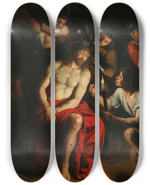 Triptych art skateboard deck of Domenico Fiasella The Mocking Of Christ by Domenico Fiasella (1589-1669)