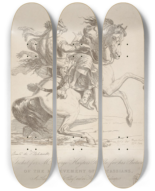 Triptych art skateboard deck of Sir George Hayter Ticket For Mr George Hayters Raffle For His Pictures Of The Enlevement Of Circassians A Kurdish Bandit Chief And An Historical Landscape by Sir George Hayter (1792-1871)