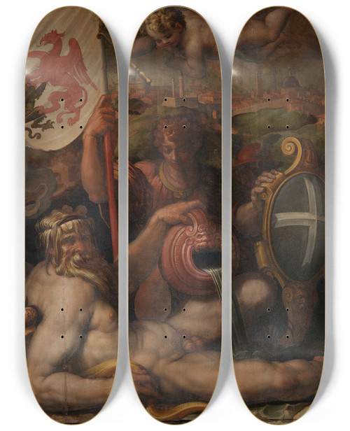 Triptych art skateboard deck of Giorgio Vasari Allegory Of Volterra by Giorgio Vasari (1511-1574)