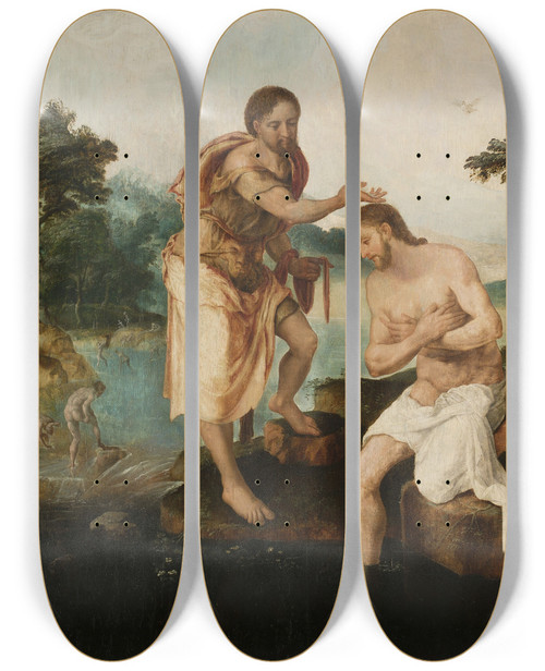 Triptych art skateboard deck of Maarten Van Heemskerck Baptism Of Christ Matthew 31317 Mark 1911 Luke 32122 by Maarten Van Heemskerck (1498-1574)