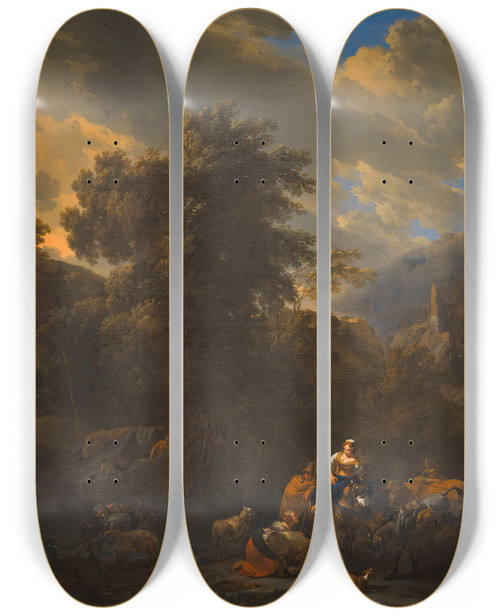 Triptych art skateboard deck of Nicolaes Pietersz Berchem Italianate Landscape With Figures And Pack Animals On The Banks Of A River by Nicolaes Pietersz Berchem (1620-1683)