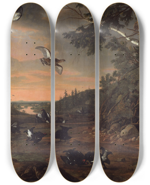 Triptych art skateboard deck of David Klcker Ehrenstrahl Black Cocks At Ground by David Klocker Ehrenstrahl (1628-1698)