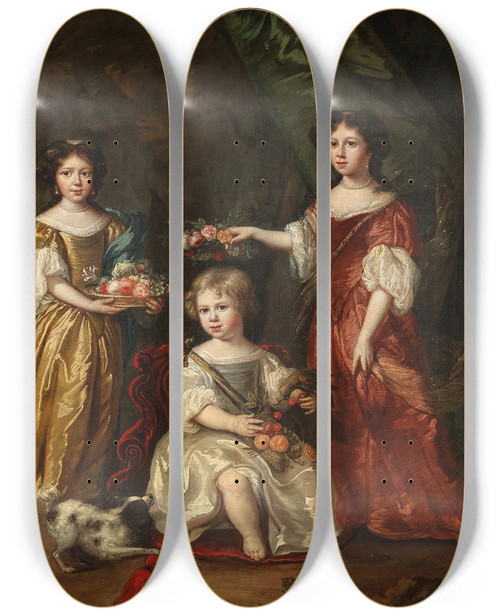 Triptych art skateboard deck of Dutch School A Group Portrait Of Three Children In Elegant Dresses by Dutch School