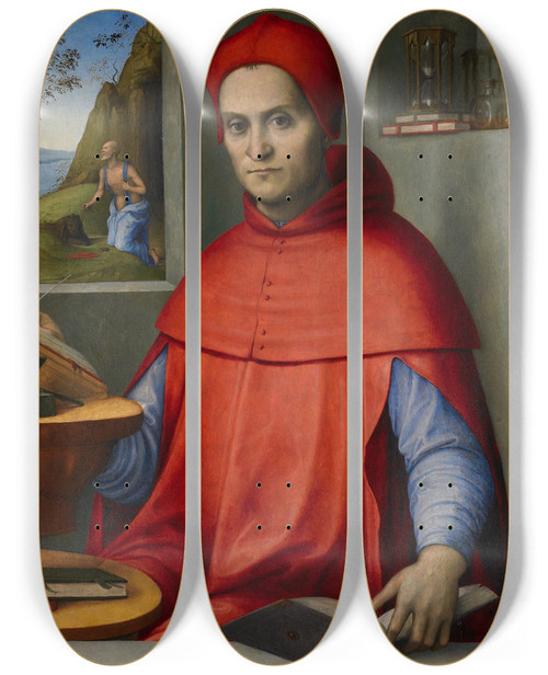 Triptych art skateboard deck of Lorenzo Costa Portrait Of A Cardinal In His Study by Lorenzo Costa (1460-1535)