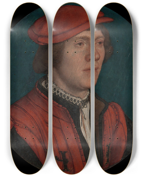 Triptych art skateboard deck of Hans Holbein The Younger Portrait Of A Man In A Red Cap by Hans Holbein The Younger (1497-1543)