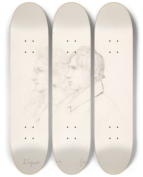 Triptych art skateboard deck of Lon Cogniet The Prix De Rome Winners Of 1817 Lon Cogniet Achille Michallon And Antoine Garnaud by Leon Cogniet (1794-1880)