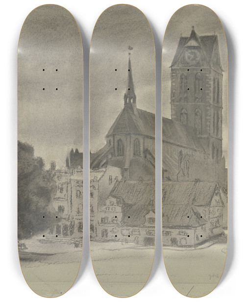 Triptych art skateboard deck of Johann Vincenz Cissarz View Of Wismar by Johann Vincenz Cissarz (1873-1942)