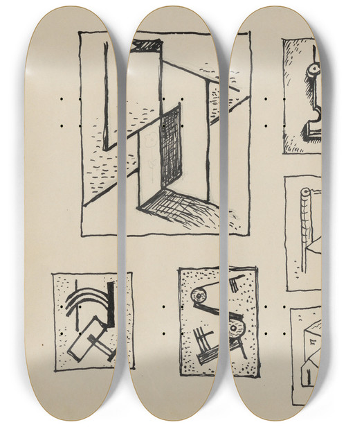 Triptych art skateboard deck of Mikul Galanda Sketchbook With Various Studies_3 by Mikulas Galanda (1895-1938)
