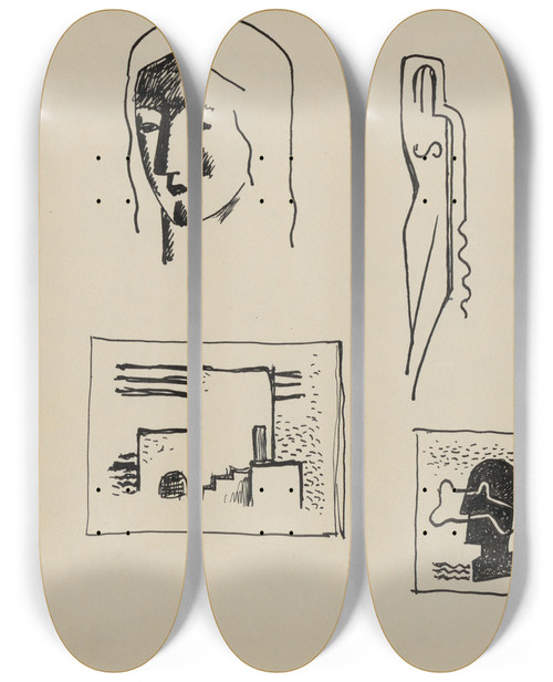 Triptych art skateboard deck of Mikul Galanda Sketchbook With Various Studies_8 by Mikulas Galanda (1895-1938)