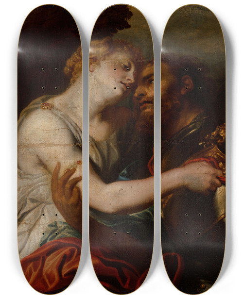 Triptych art skateboard deck of Follower Of Anthony Van Dyck Venus Disarming Mars by Follower Of Anthony Van Dyck (1599-1641)
