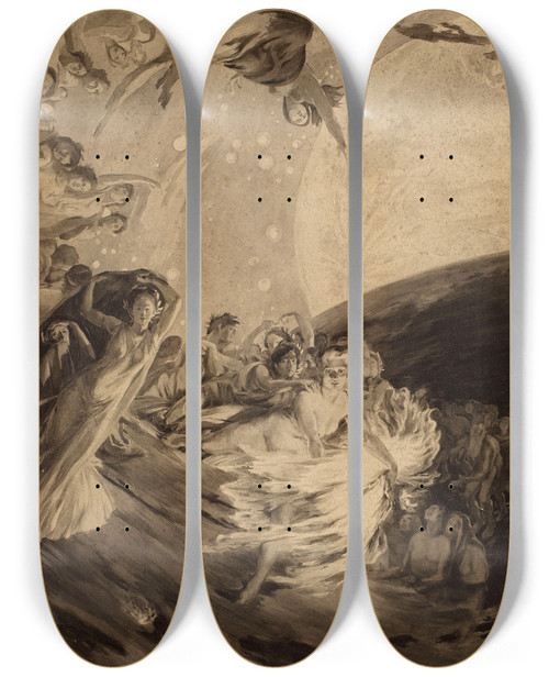 Triptych art skateboard deck of Albert Besnard La Vrit Entranant Les Sciences Sa Suite Rpand Sa Lumire Sur Les Hommes_2 by Albert Besnard (1849-1934)