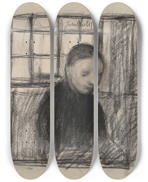 Triptych art skateboard deck of Jakob Smits Contemplating Woman by Jakob Smits (1855-1928)