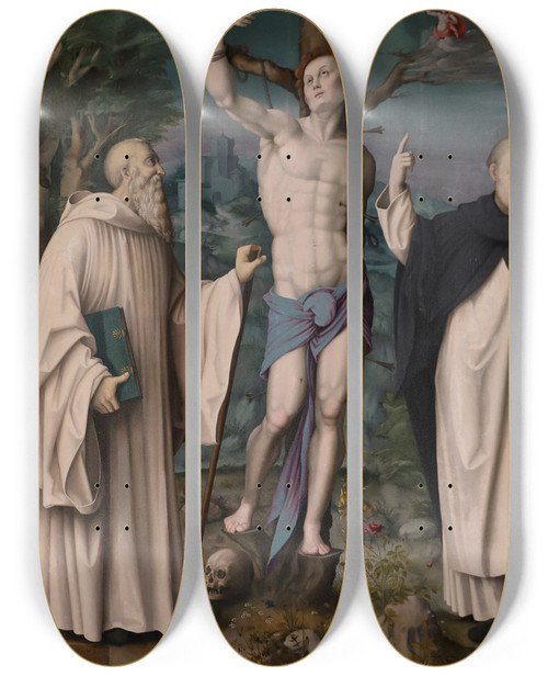 Triptych art skateboard deck of Bacchiacca San Sebastiano Tra I Ss Romualdo E Vincenzo Ferrer by Bacchiacca (1494-1557)