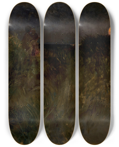 Triptych art skateboard deck of Eilif Peterssen Moonrise Over The Dunes by Eilif Peterssen (1852-1928)
