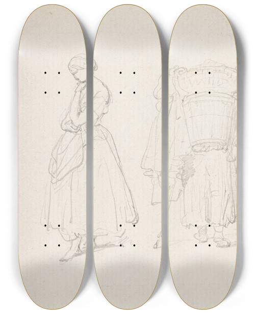 Triptych art skateboard deck of Nicaise De Keyser Woman And Travelling Merchant by Nicaise De Keyser (1813-1887)