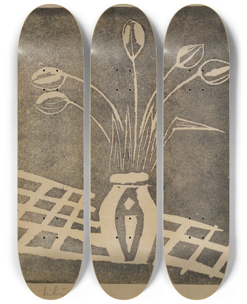 Triptych art skateboard deck of Raymond Mcintyre Tulips In A Vase by Raymond Mcintyre (1879-1933)