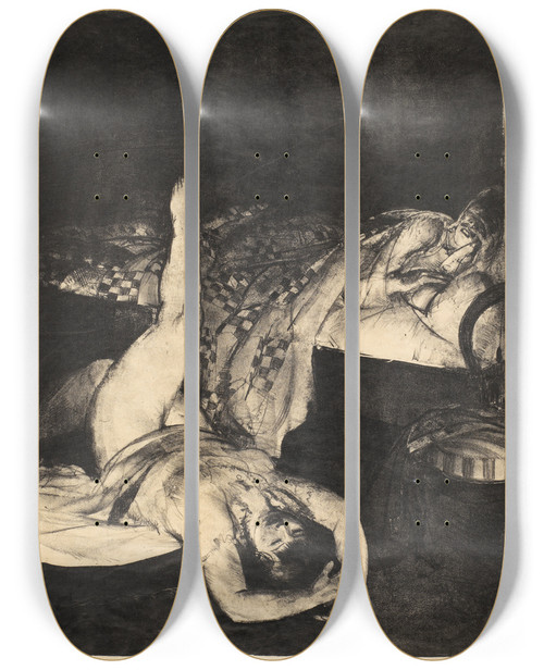 Triptych art skateboard deck of George Wesley Bellows Reducing Reducing Exercises by George Wesley Bellows (1882-1925)