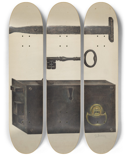 Triptych art skateboard deck of Charles Bowman Lock Key Hinge by Charles Bowman