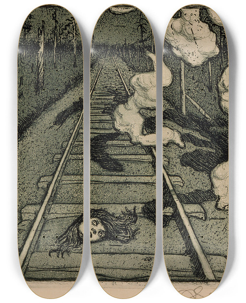 Triptych art skateboard deck of Akseli Gallenkallela Kiskot by Akseli Gallen Kallela (1865-1931)