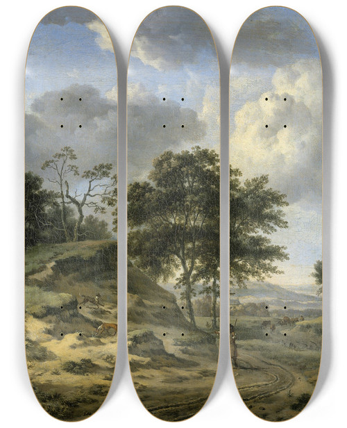 Triptych art skateboard deck of Jan Wijnants Landscape With Two Hunters by Jan Wijnants (1632-1684)