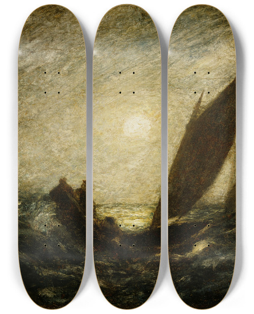 Triptych art skateboard deck of Albert Pinkham Ryder With Sloping Mast And Dipping Prow by Albert Pinkham Ryder (1847-1917)