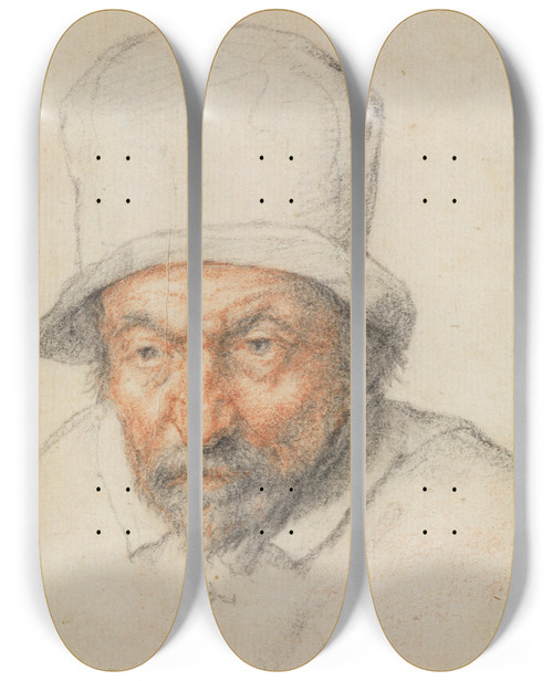 Triptych art skateboard deck of Adriaen Van Ostade Head Of A Bearded Man In A Hat by Adriaen Van Ostade (1610-1684)