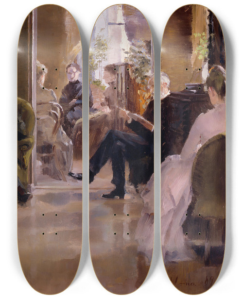 Triptych art skateboard deck of Torsten Wasastjerna Interior From Rudolfina Wasastjernas Home In Helsinki Pohjoisranta 6 by Torsten Wasastjerna (1863-1924)