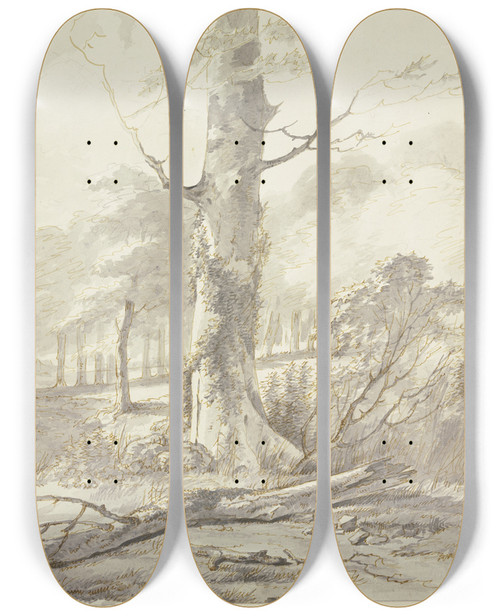 Triptych art skateboard deck of Gerard Van Nijmegen Buchenstamm Am Waldrand Davor Ein Abgefallener Ast by Gerard Van Nijmegen (1735-1808)