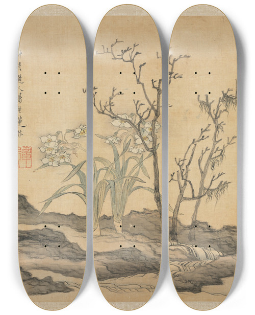 Triptych art skateboard deck of Chen Hongshou Narcissus And Bare Trees by Chen Hongshou (1598-1652)